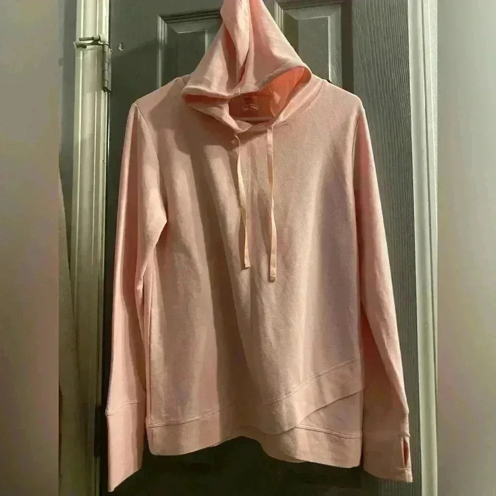 Women’s lightweight pink pullover hoodie thumb holes & a crossover at waist SM